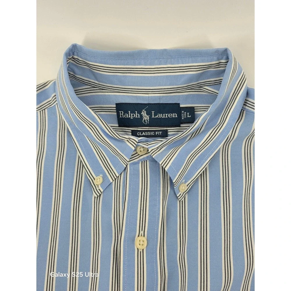 Ralph Lauren Mens Classic Fit Striped Button Down Shirt Blue‎ White Large